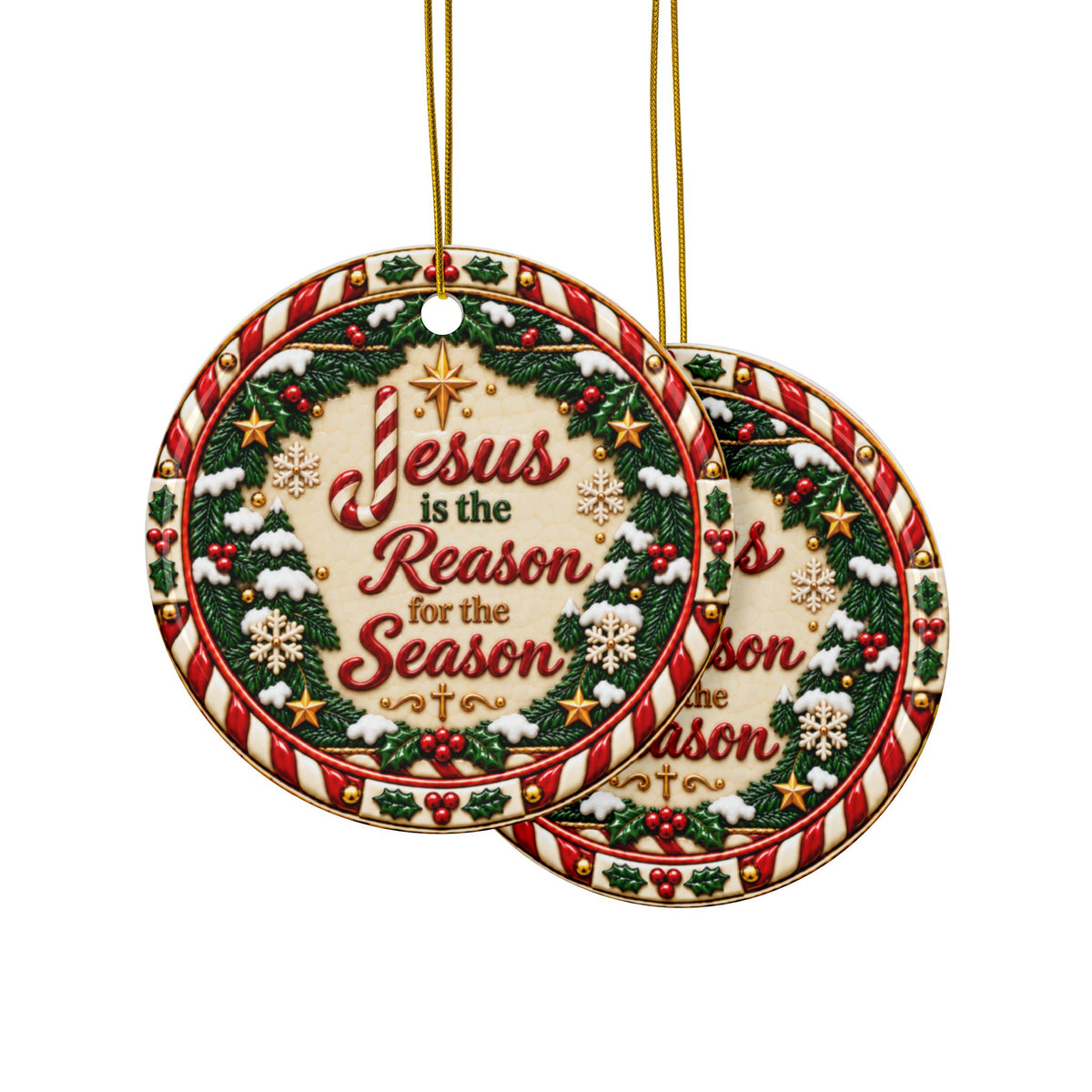 Jesus Is the Reason Candy Cane Ceramic Christmas Ornament | Christian Holiday Décor | Sets of 1, 3, 5 or 10