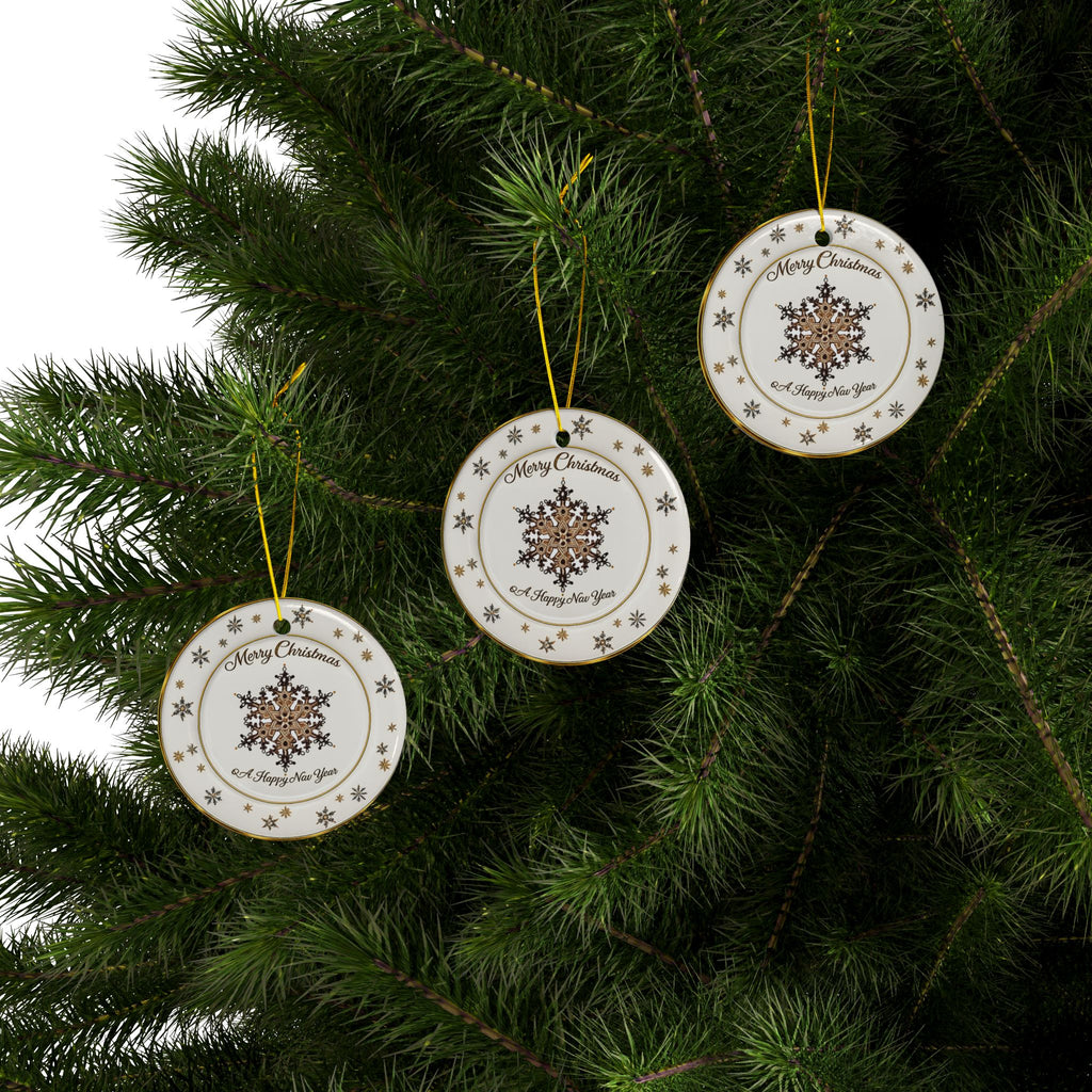 Lenox China inspired Ceramic golden snowflakes ceramic Christmas Ornaments, 2-Side Print, (1pc, 3pcs, 5pcs, 10pcs)