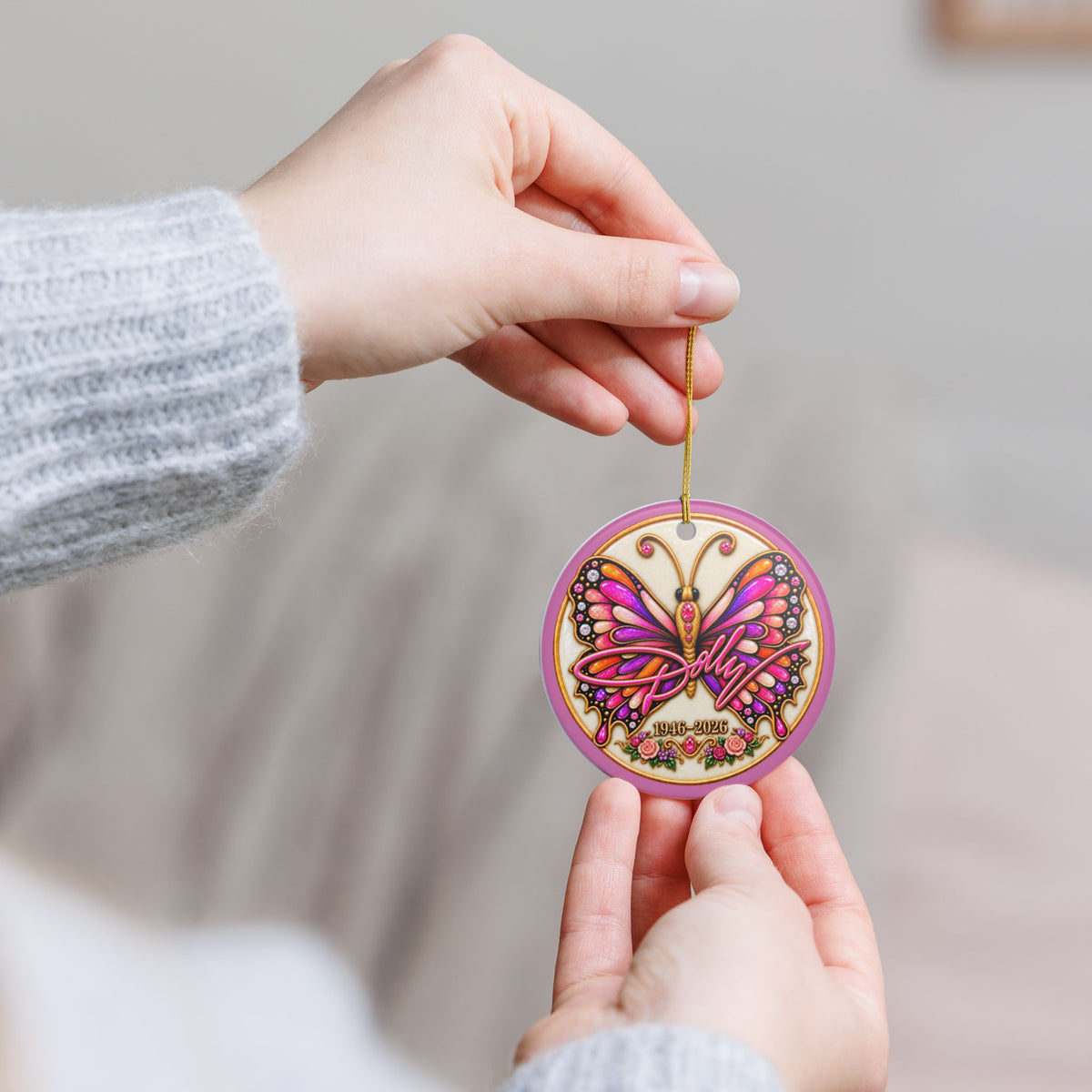 Dolly Signature and Butterfly Remembrance Ceramic Decoration Ornament, double sided (1pc)