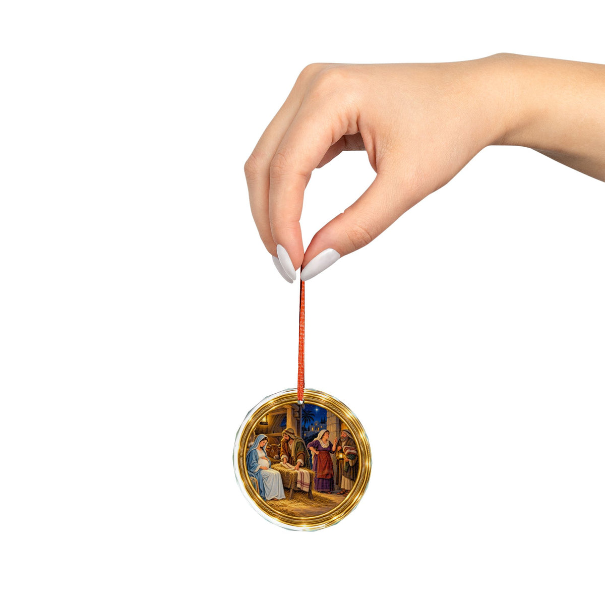 Holy Family and Innkeepers Glass Christmas Ornament, Single