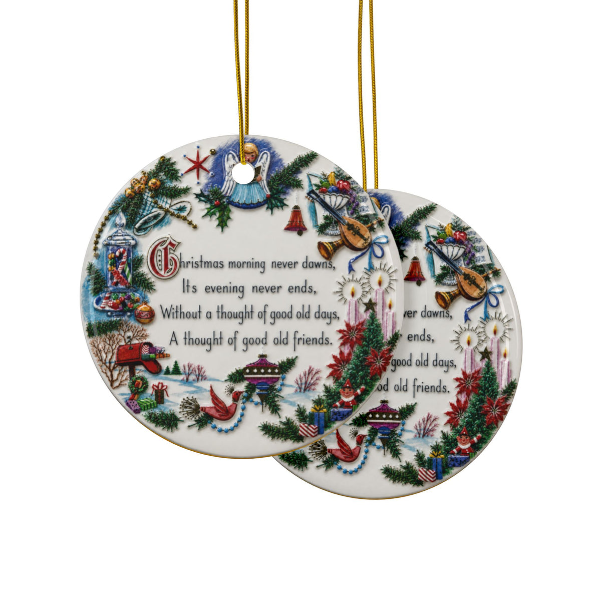 Vintage 1950s Christmas Morning Poem Ceramic Christmas Ornaments, 2-Side Print, (1pc, 3pcs, 5pcs, 10pcs)