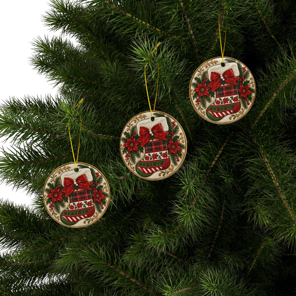Traditional Christmas Stocking Ceramic Ornament | Red Green Gold Holiday Décor | Sets of 1, 3, 5 or 10