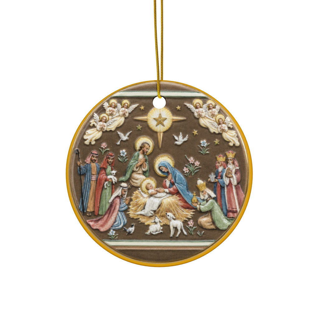 Nativity Scene Ceramic Ornament | Round Double-Sided Christmas Ornament