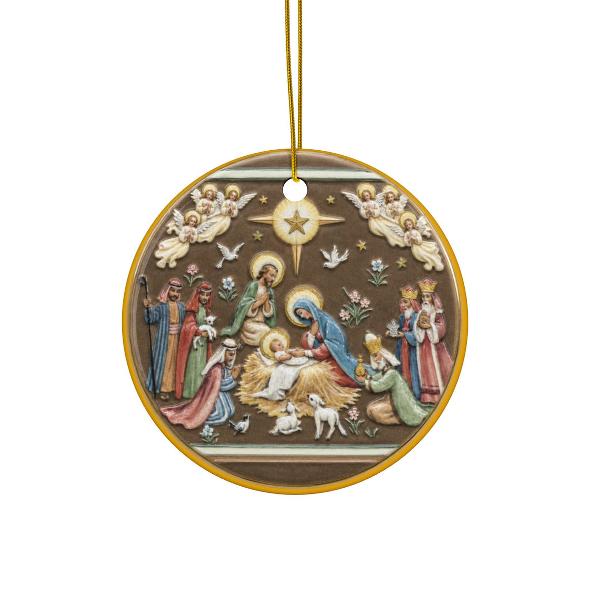 Nativity Scene Ceramic Ornament | Round Double-Sided Christmas Ornament
