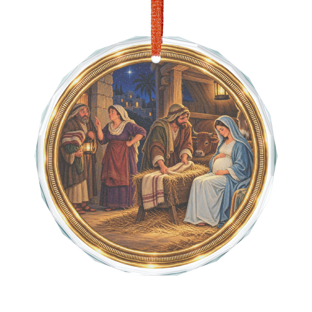Holy Family and Innkeepers Glass Christmas Ornament, Single