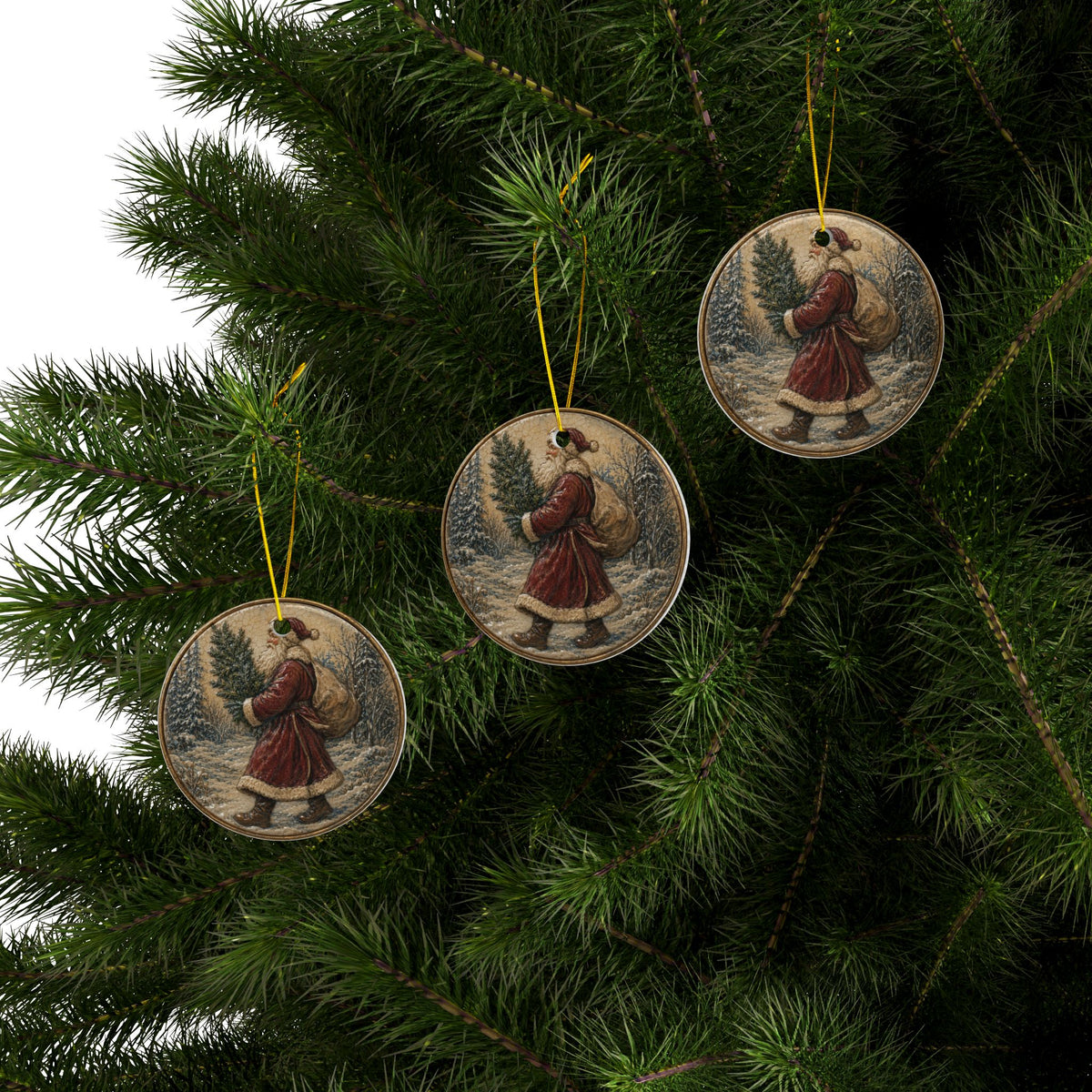 Vintage Santa with Tree Christmas Ornaments, 2-Side Print, (1pc, 3pcs, 5pcs, 10pcs)