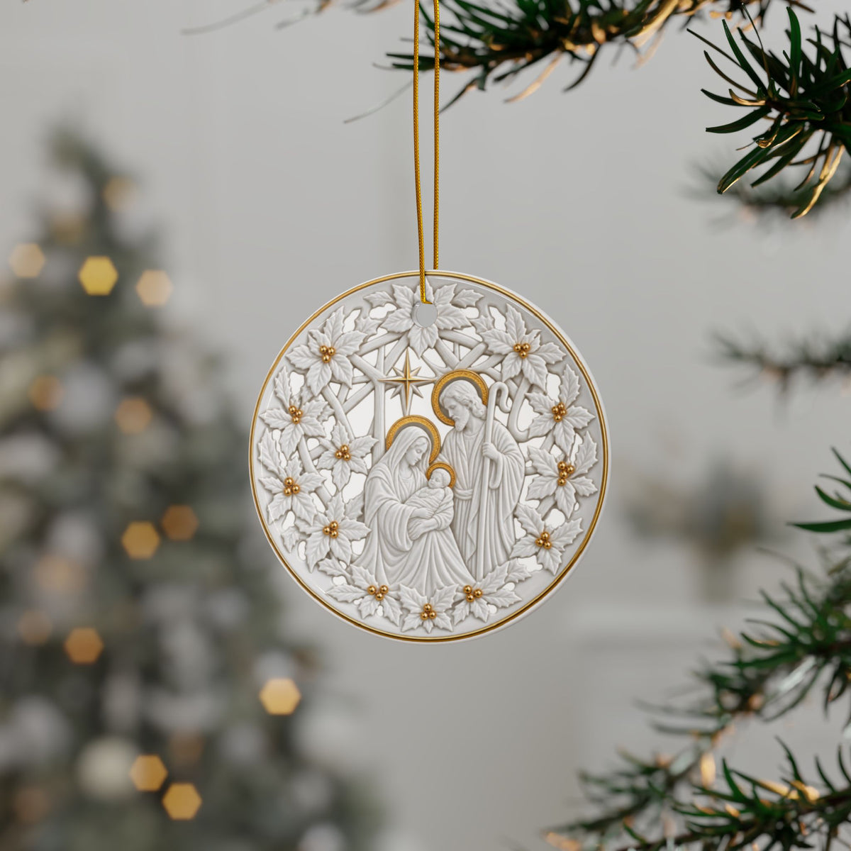 Nativity Scene Ceramic Ornament | Round Two-Sided Christmas Ornament