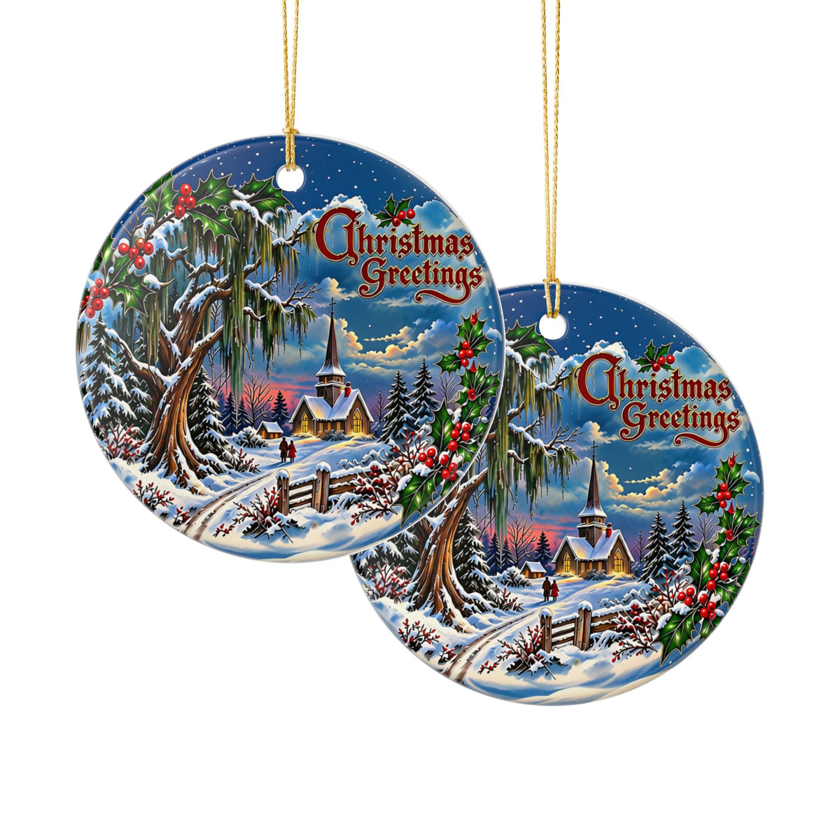 Christmas Greetings Winter Church Ceramic Decoration Ornament, (1pc)