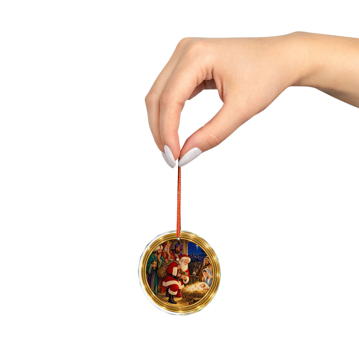 Holy Family, Santa, and Wise Men Glass Christmas Ornament, Single