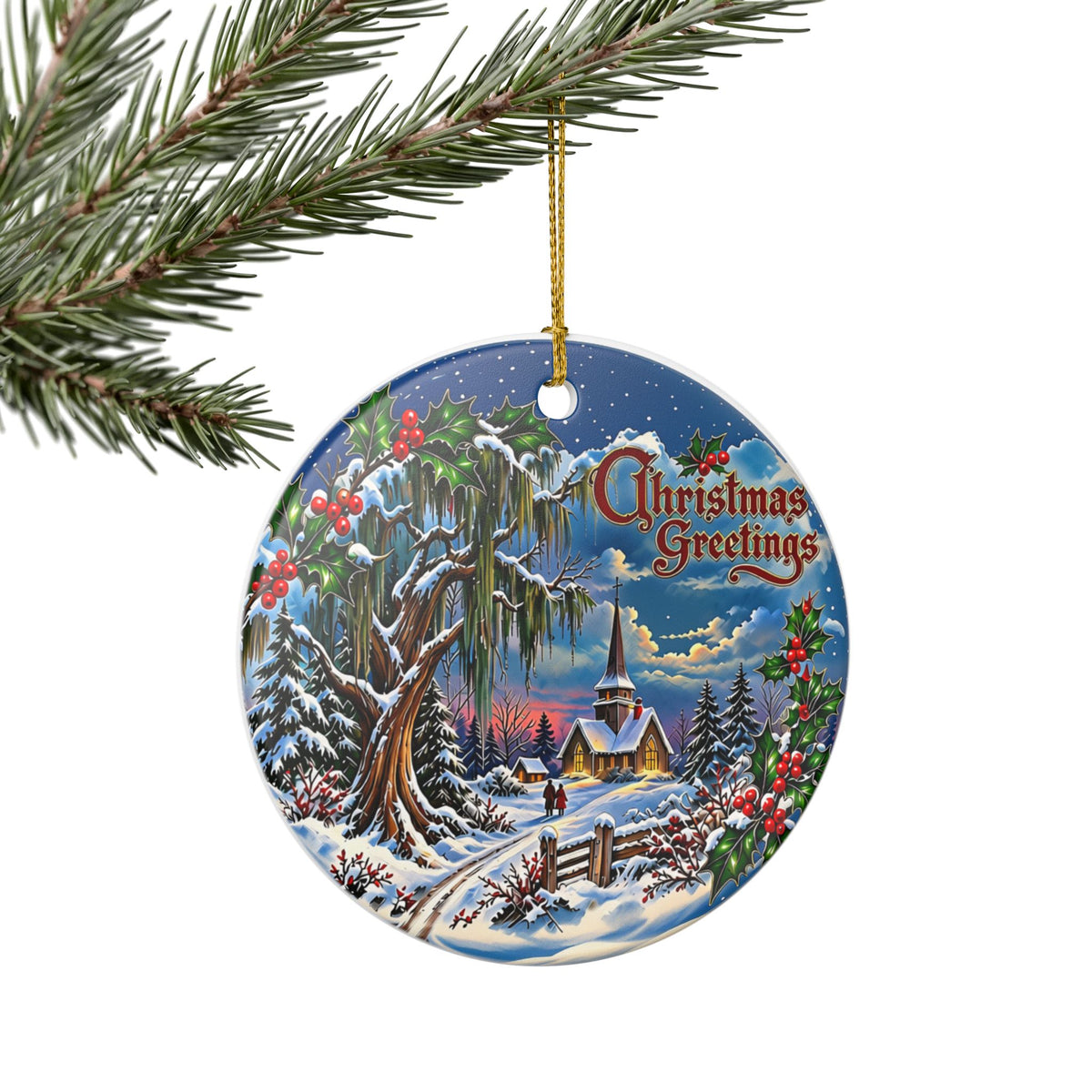 Christmas Greetings Winter Church Ceramic Decoration Ornament, (1pc)