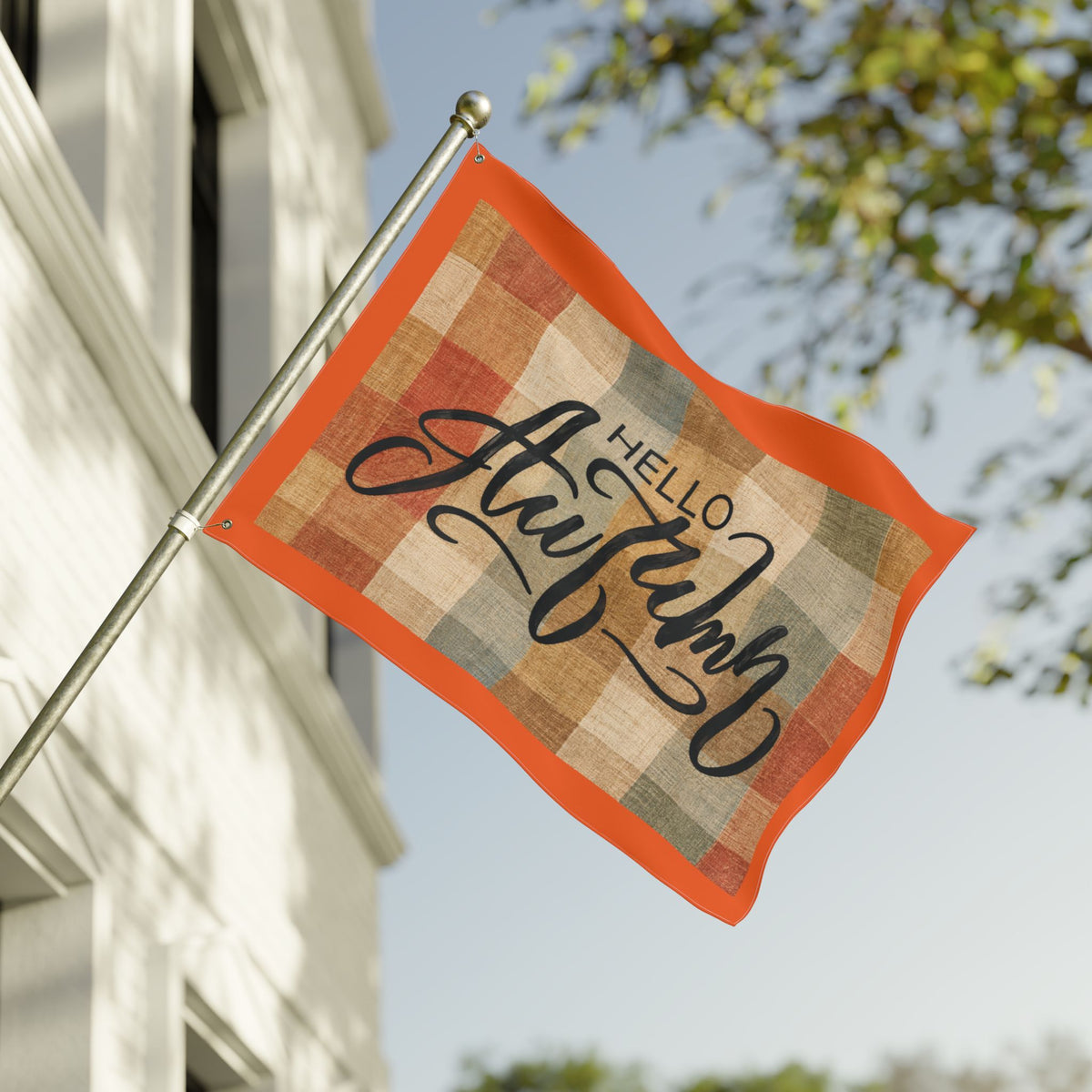 Hello Autumn Plaid Flag - Double-Sided Fall House Banner