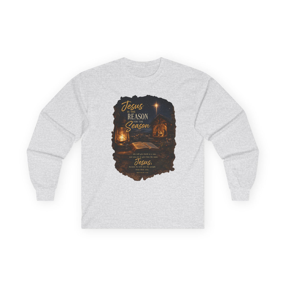 Jesus Reason Season nativity scene Long Sleeve Tee | Christian faith scripture design
