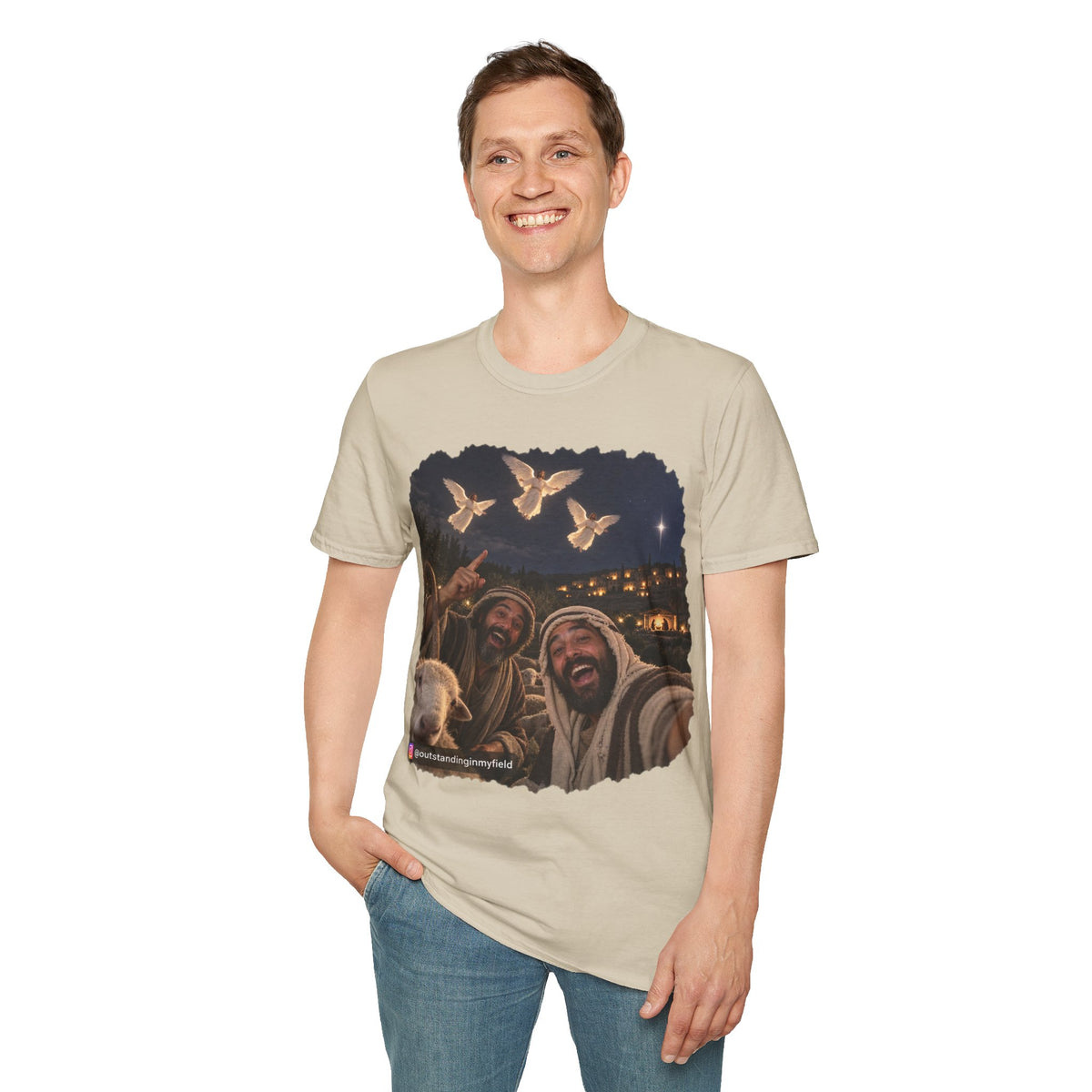 Shepherds Outstanding in the Field Christian Humor Unisex Softstyle Christmas T-Shirt