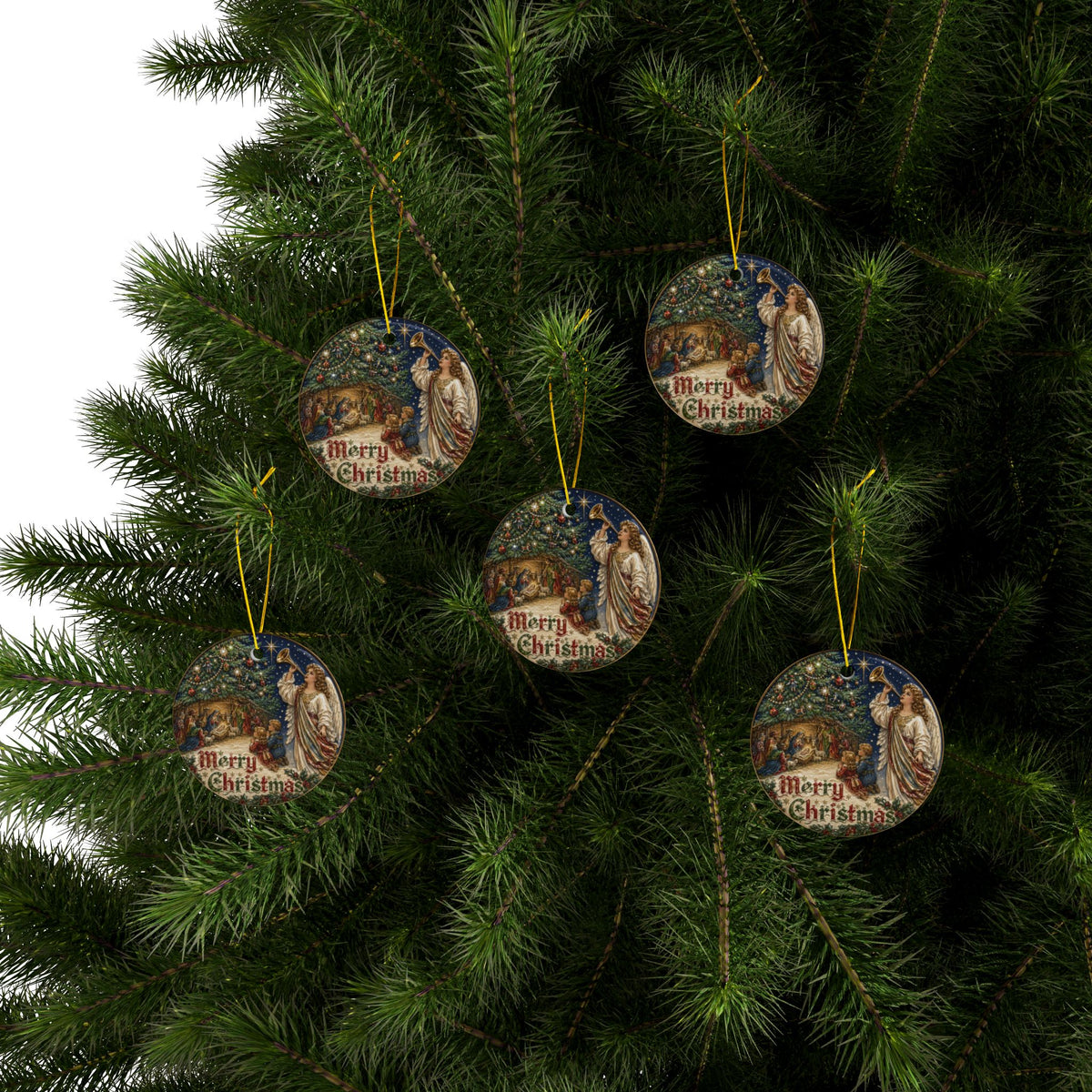 Vintage Children with Nativity Ceramic Christmas Ornaments, 2-Side Print, (1pc, 3pcs, 5pcs, 10pcs)