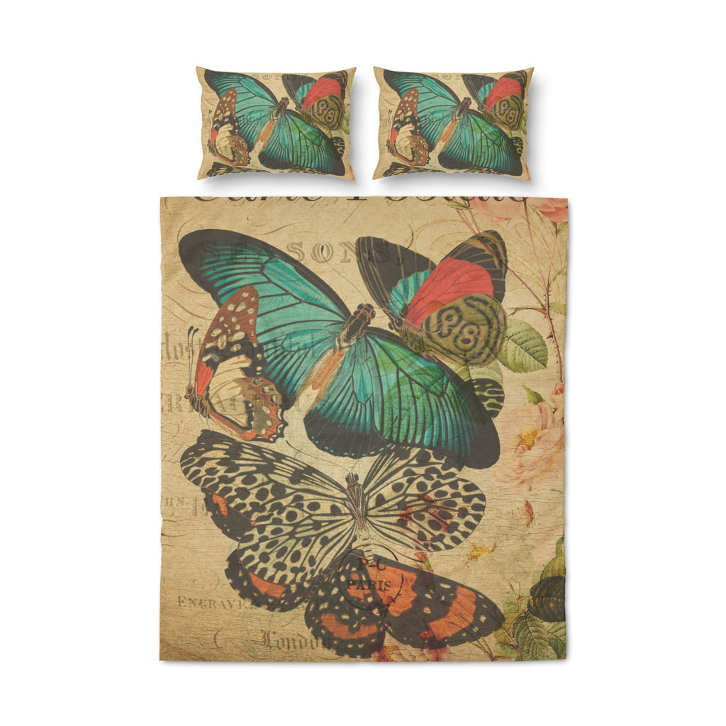 Vintage French Butterfly Postcard Quilt Cover Set Of Three