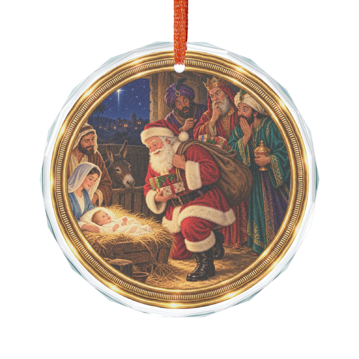 Holy Family, Santa, and Wise Men Glass Christmas Ornament, Single
