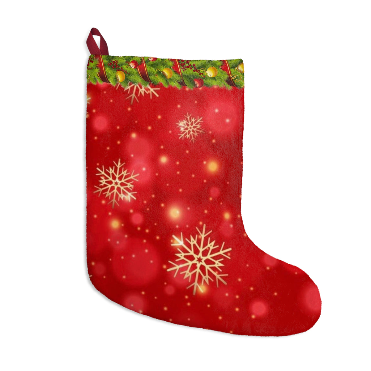 Red Snowflake Christmas Stocking | Holiday Stocking with Green Garland