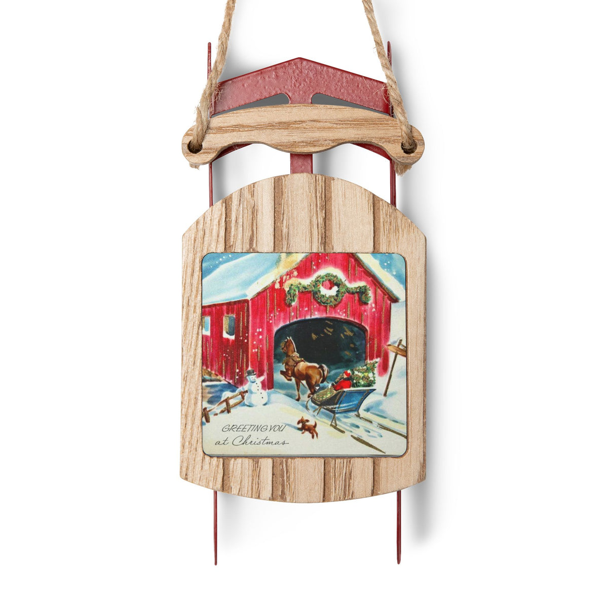Vintage 1940s Santa, Snowman and Red Covered Bridge Sled Ornaments