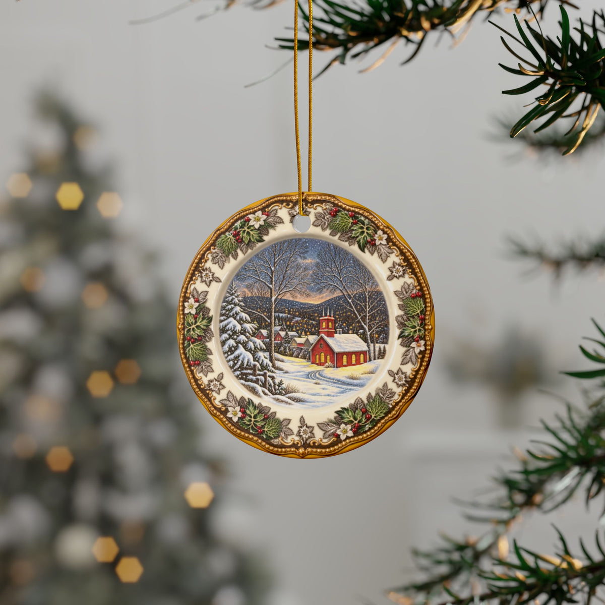 Ceramic Ornament — Vintage Snowy Church Christmas Tree Decoration (Double-Sided)