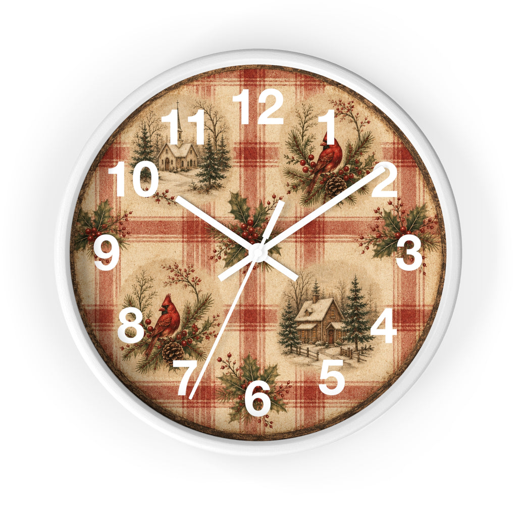 Cardinal Plaid Cabin Wall Clock | Rustic Christmas Cabin Clock