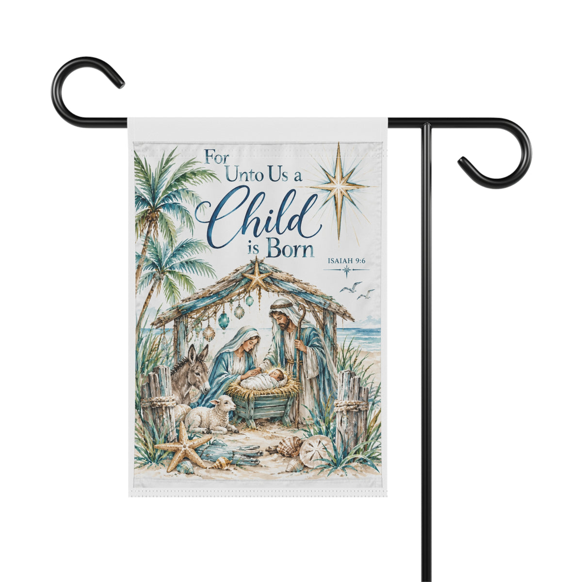 Nativity Scene Garden & House Banner | For Unto Us a Child is Born, Coastal Palm Christmas Banner