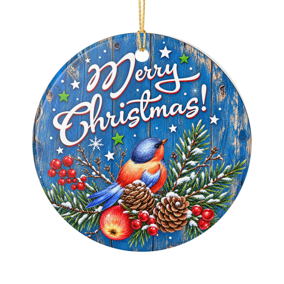 Merry Christmas Vintage Bluebird Greetings Winter Church Ceramic Decoration Ornament, (1pc)
