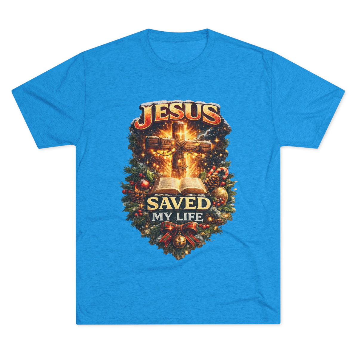 Jesus Saved My Life T-Shirt | Christian Cross Bible Christmas Wreath