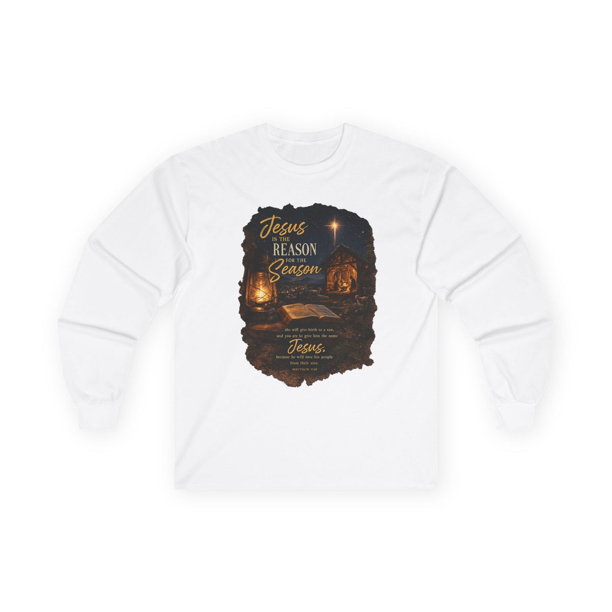 Jesus Reason Season nativity scene Long Sleeve Tee | Christian faith scripture design