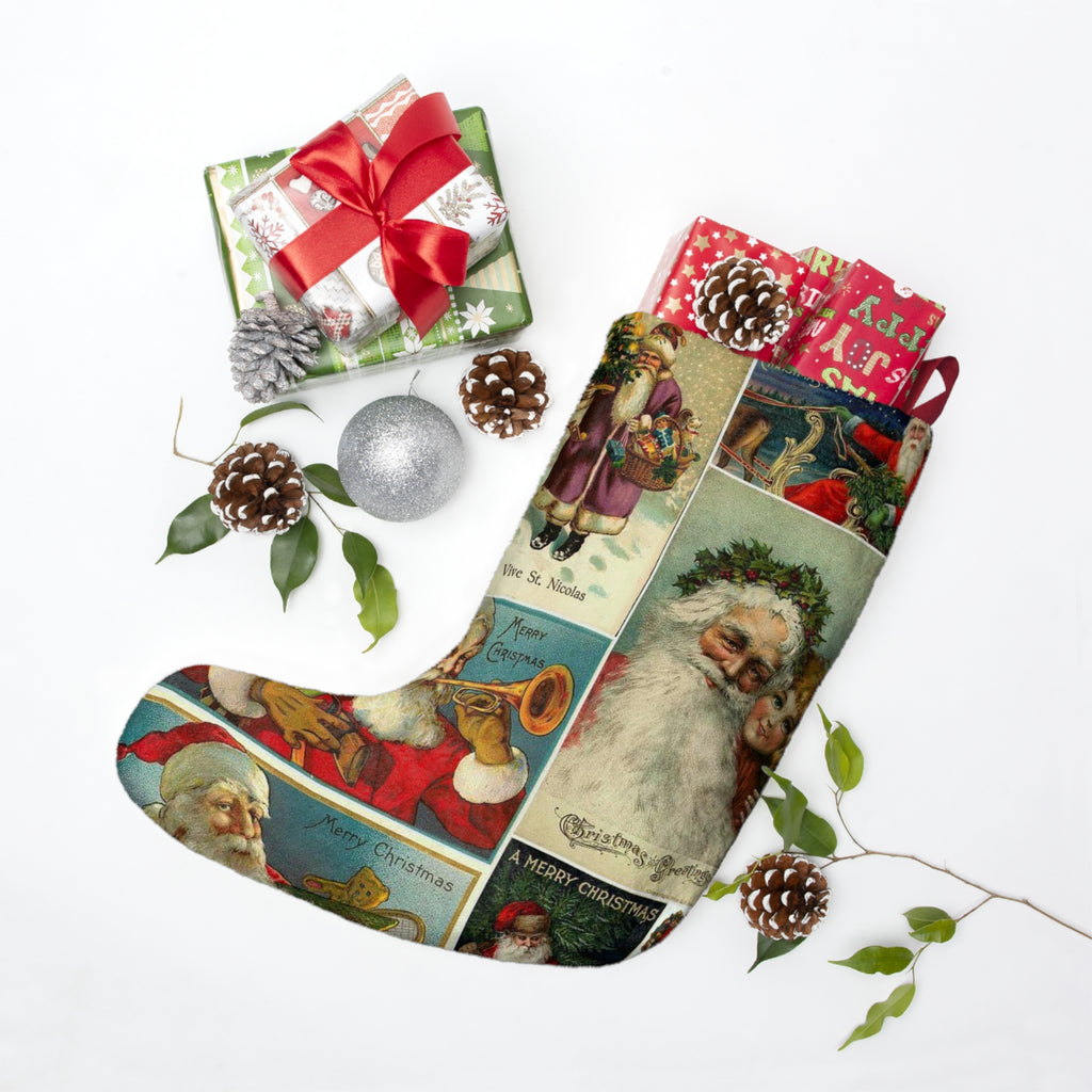 Vintage Santa Collage Christmas Stocking | Retro Holiday Santa Images