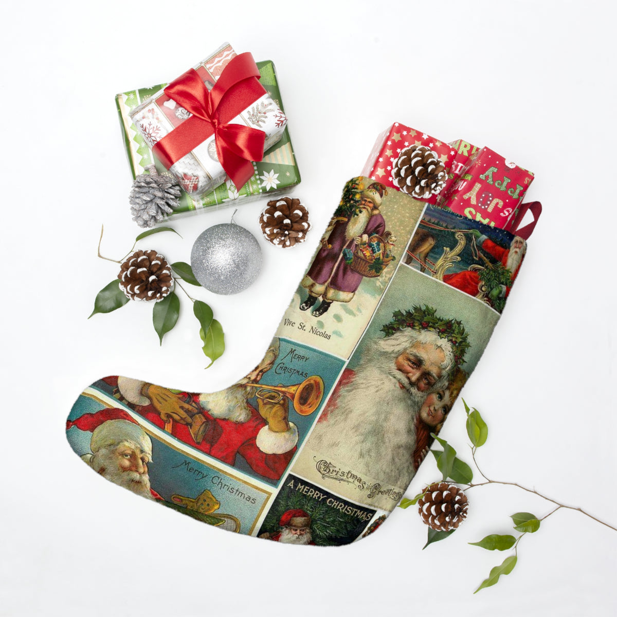 Vintage Santa Collage Christmas Stocking | Retro Holiday Santa Images