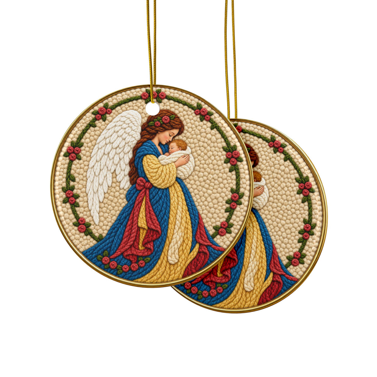 Angel Holding Baby Jesus Round Ornament | Ceramic Christmas Ornament