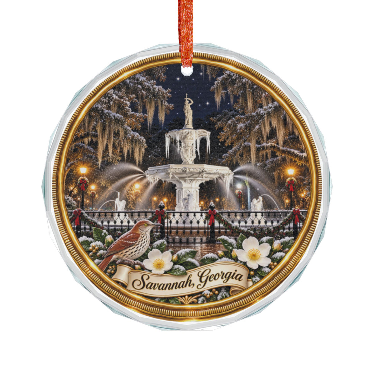 Savannah Georgia Forsyth Fountain Glass Christmas Ornament
