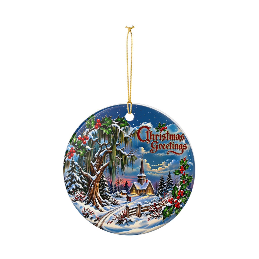 Christmas Greetings Winter Church Ceramic Decoration Ornament, (1pc)