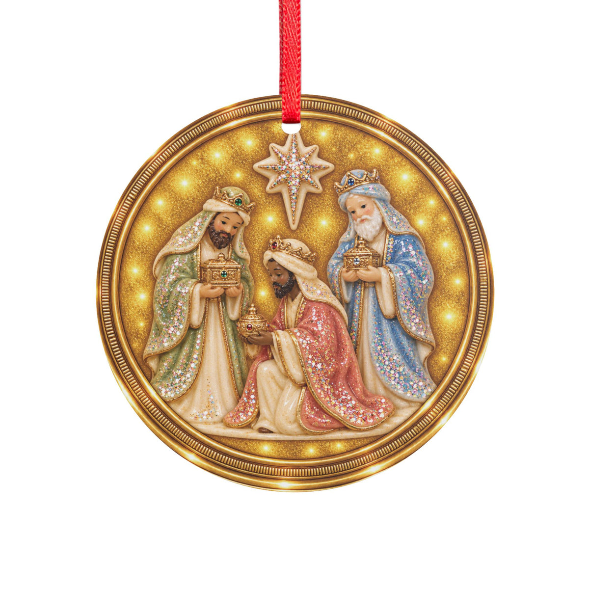 Vintage 1960s Keepsake Three Wise Men Christmas Acrylic Blue and Gold Ornament, Round