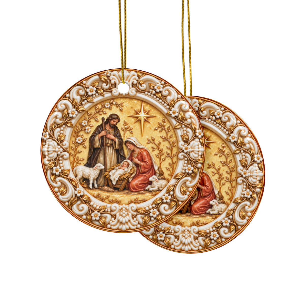 Holy Family Nativity Ceramic Christmas Ornament | Ornate Christian Holiday Décor | Sets of 1, 3, 5 or 10