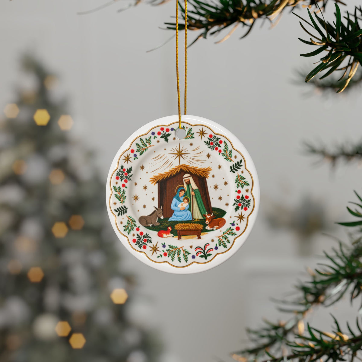 Nativity Scene Ceramic Ornament | Round Porcelain Christmas Ornaments, Two-Sided Print