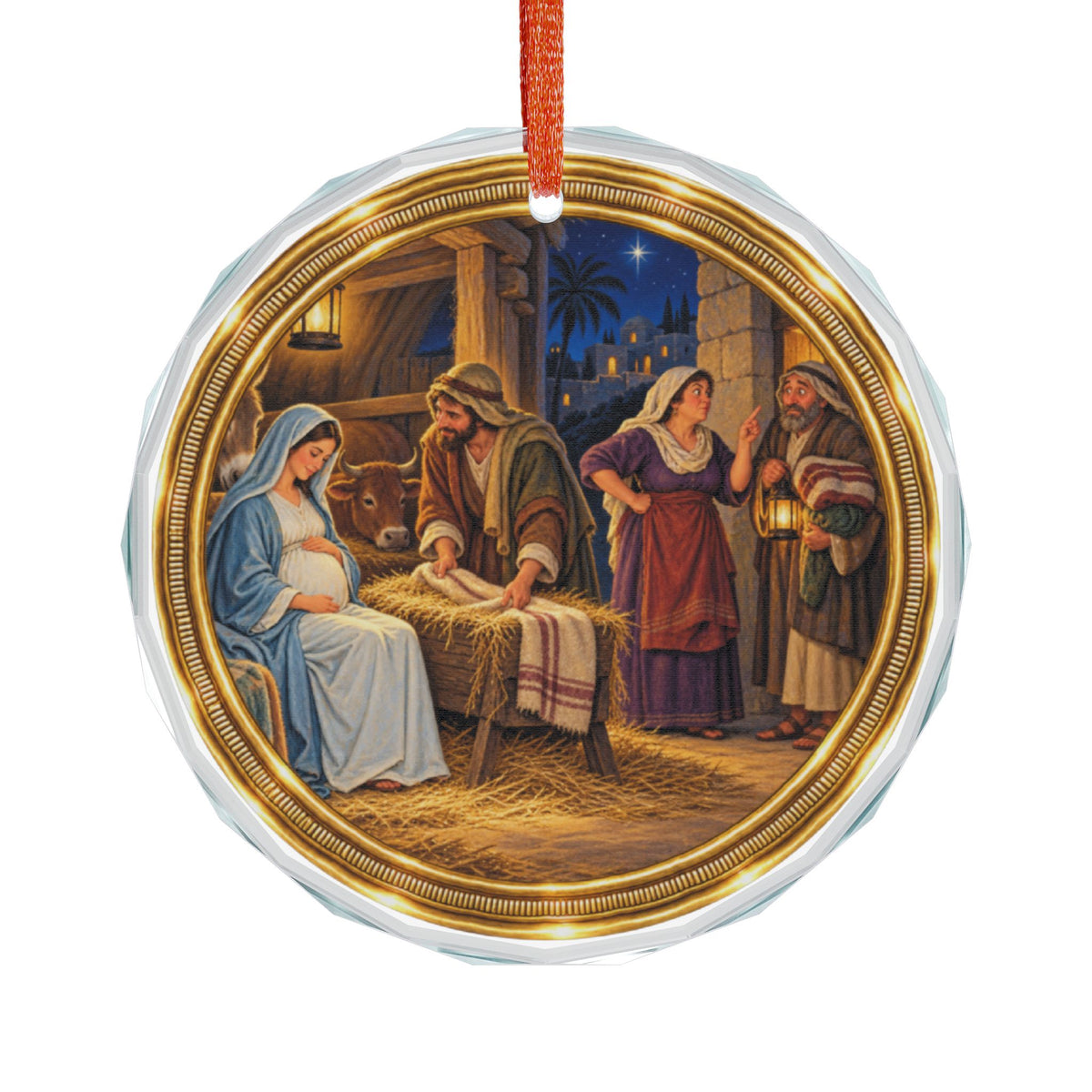Holy Family and Innkeepers Glass Christmas Ornament, Single