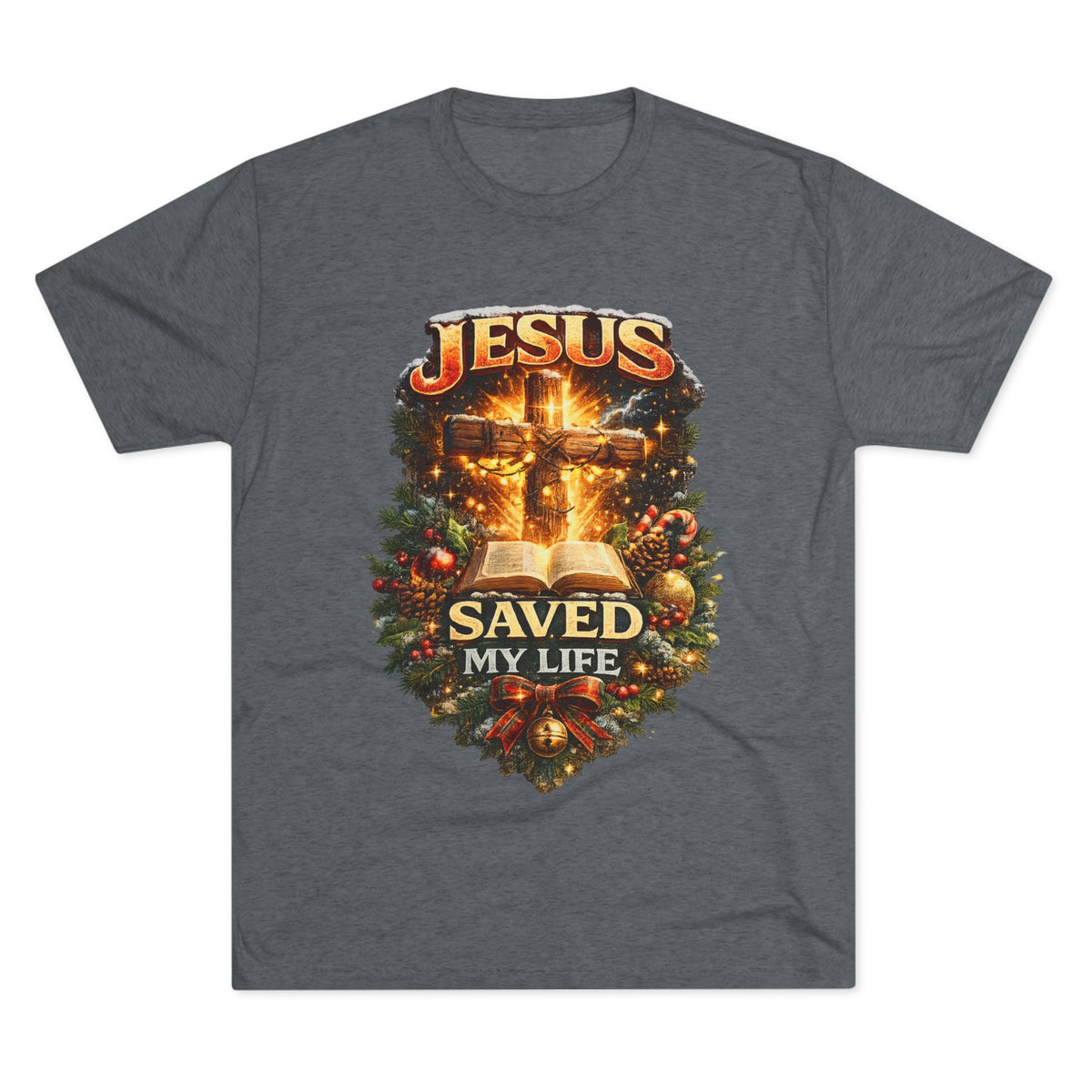 Jesus Saved My Life T-Shirt | Christian Cross Bible Christmas Wreath