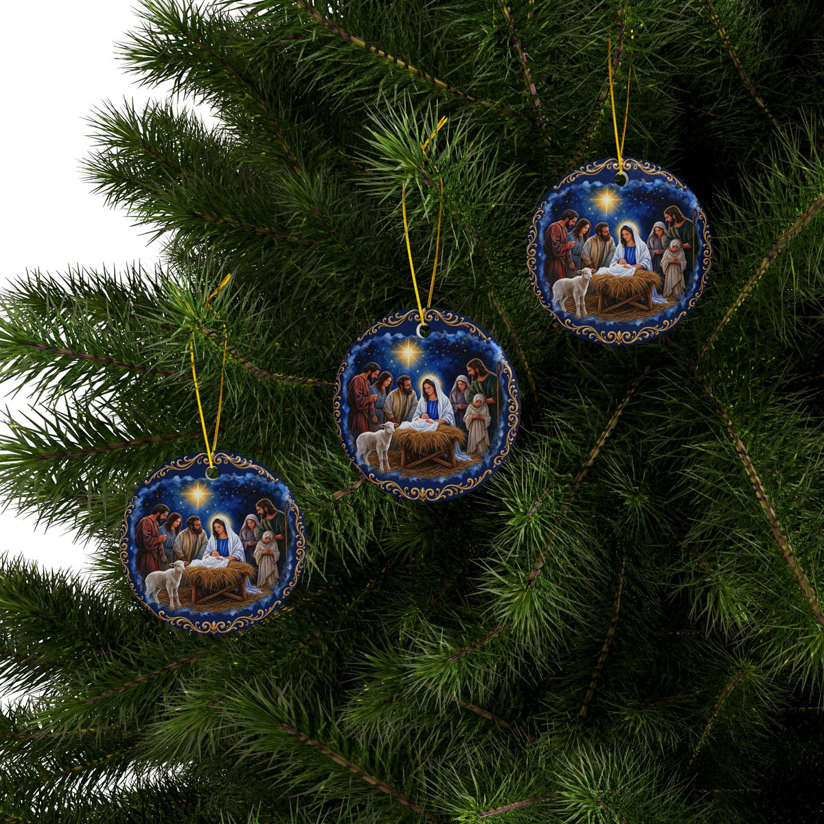 Colorful Embroidery Look Nativity Ceramic Christmas Ornaments, 2-Side Print, (1pc, 3pcs, 5pcs, 10pcs)