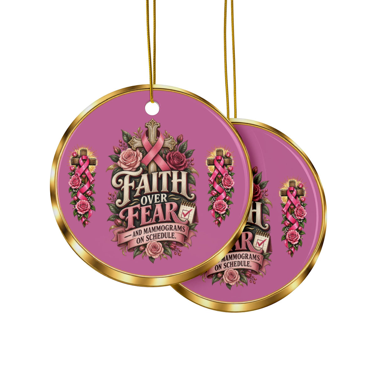 Faith Over Fear & Mammograms on Schedule Breast Cancer Awareness Christmas Ornaments, 2-Side Print, (1pc, 3pcs, 5pcs, 10pcs)