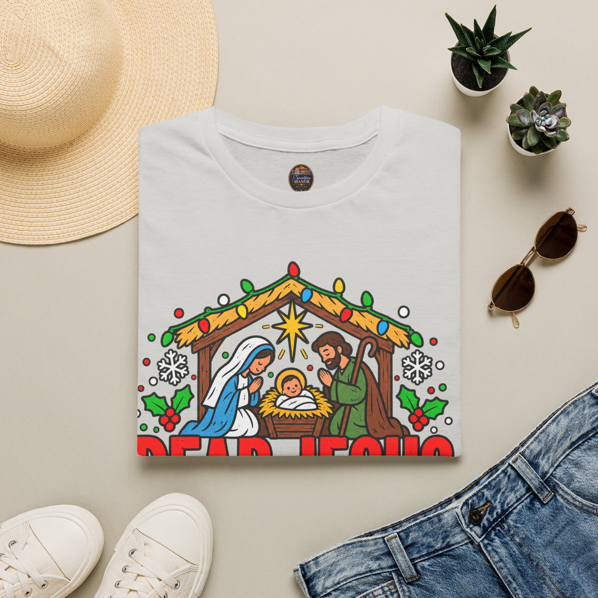 Dear Jesus Nativity Illustration T-Shirt | Humorous Religious Christmas Tee