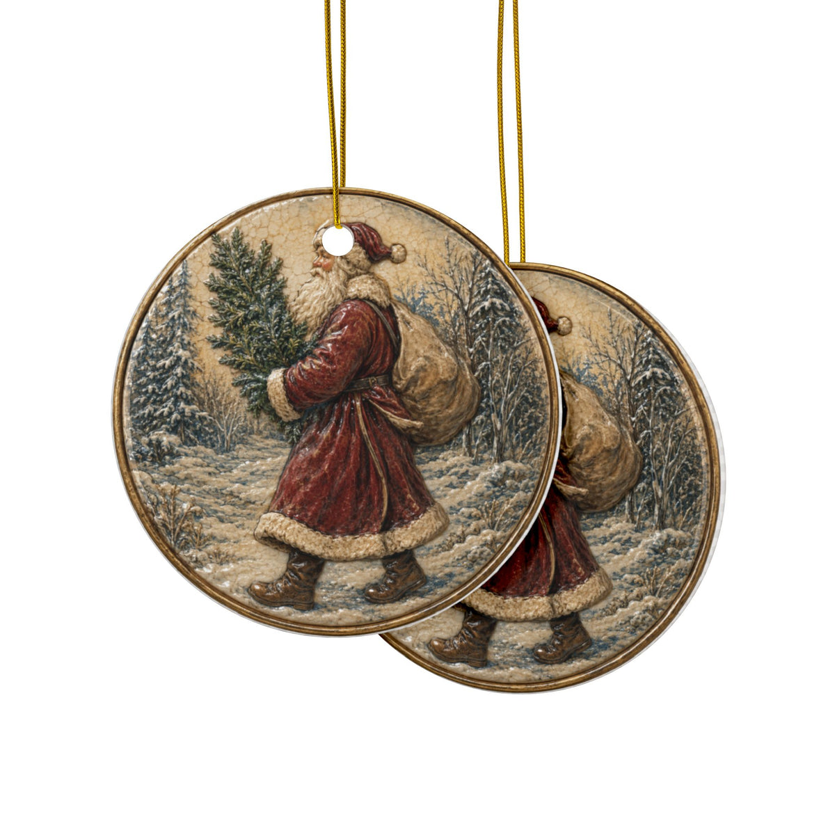Vintage Santa with Tree Christmas Ornaments, 2-Side Print, (1pc, 3pcs, 5pcs, 10pcs)