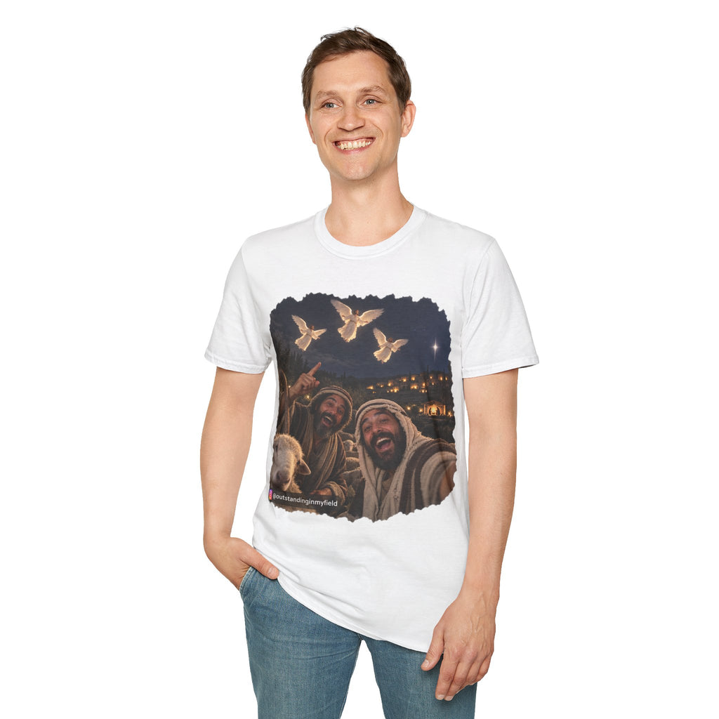 Shepherds Outstanding in the Field Christian Humor Unisex Softstyle Christmas T-Shirt