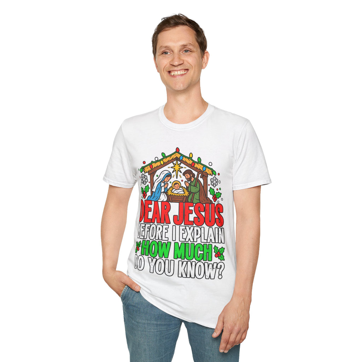 Dear Jesus Nativity Illustration T-Shirt | Humorous Religious Christmas Tee