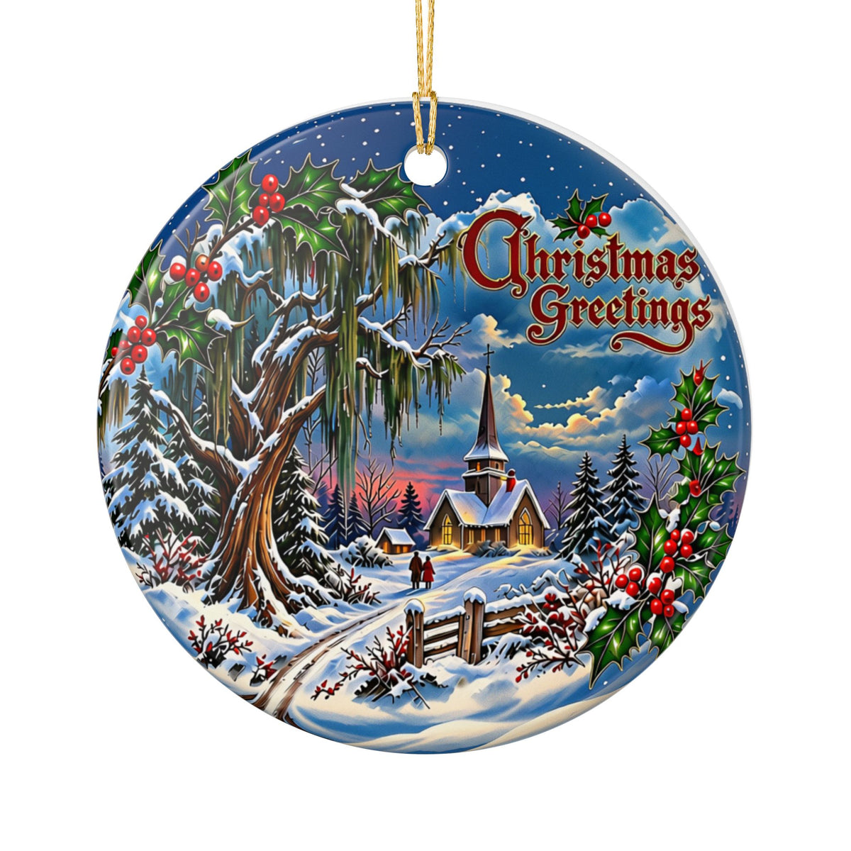 Christmas Greetings Winter Church Ceramic Decoration Ornament, (1pc)