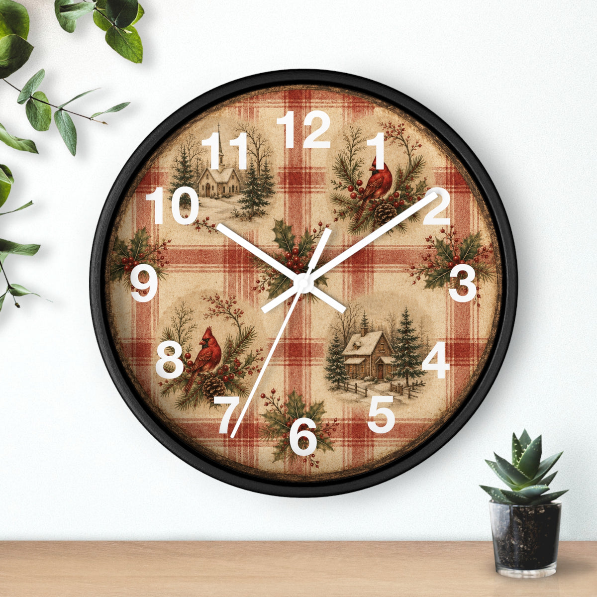 Cardinal Plaid Cabin Wall Clock | Rustic Christmas Cabin Clock