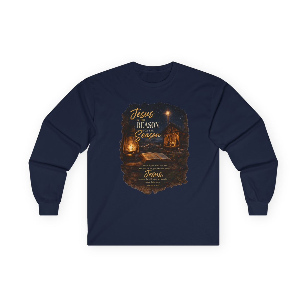 Jesus Reason Season nativity scene Long Sleeve Tee | Christian faith scripture design