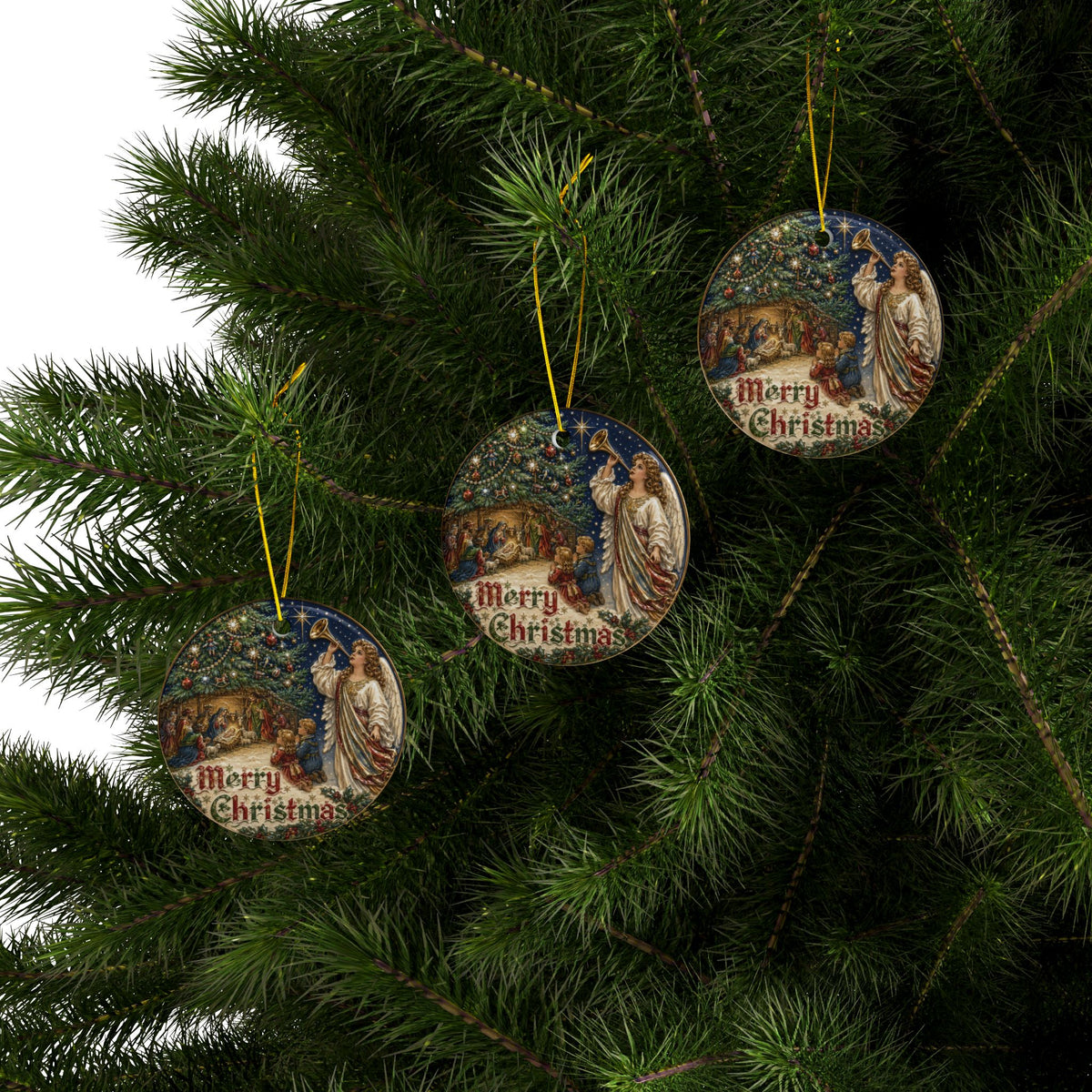 Vintage Children with Nativity Ceramic Christmas Ornaments, 2-Side Print, (1pc, 3pcs, 5pcs, 10pcs)