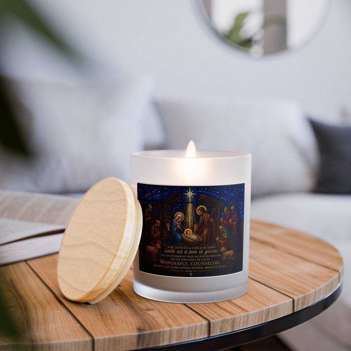 Nativity Frosted Glass Candle — "Wonderful Counselor" 11oz Christmas Candle