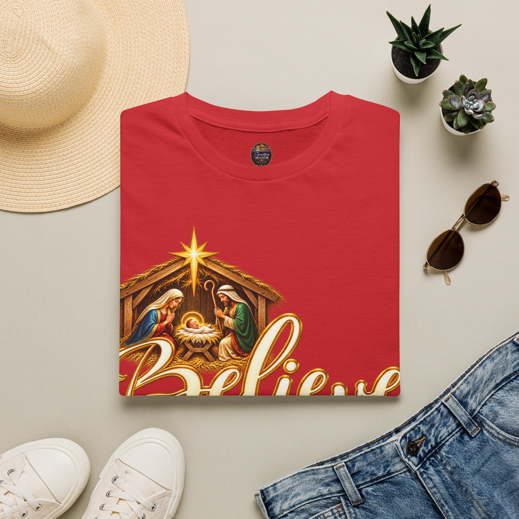 Nativity Manger Believe T-Shirt | Christmas Religious Holiday Tee